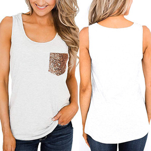 Débardeur gris sans manches pour femme avec poche à paillettes, col rond, gilet décontracté en coton tricoté - Product Image 3