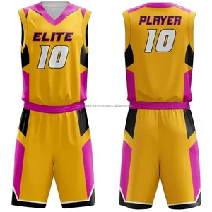 Maglia da basket personalizzata e pantaloncini sublimazione maglia da basket uniforme giallo rosa e nero Design abbigliamento sportivo basket