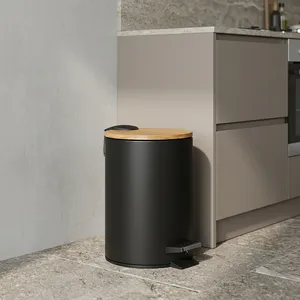 Cubo de Basura Moderno de Metal Negro con Tapa de Bambú Natural y Cubo Interior Extraíble para Cocina, Baño, Oficina y Hogar - Product Image 2