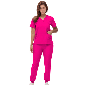 Ensemble d'uniformes médicaux unisexes à col en V avec pantalon droit et tissu tricoté – Vente en gros - Product Image 6