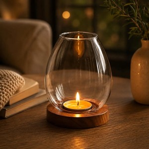 Pot à bougie rond en verre avec base en bois, résistant à la chaleur, porte-bougie chauffe-plat pour la décoration de la maison - Product Image 5