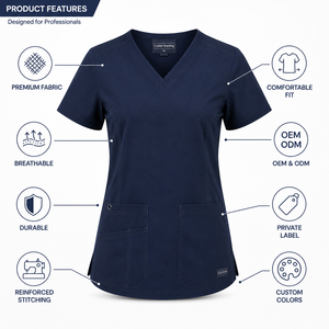 Haut de blouse médicale en tricot bleu marine pour femme, col en V, manches courtes, uniforme médical, tenue de travail hospitalière, personnalisable, service OEM marque privée - Product Image 3