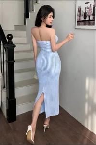 Sky Blue Striped Rib Knit Bandeau Maxi Dress with Self Tie Waist <b>Tube</b> dress ribbed maxi dress strapless bodycon summer knitwe - Product Image 4