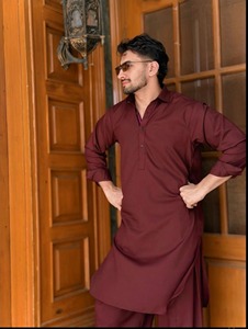 Ensemble Kurta Pyjama en Coton Marron pour Homme, Manches Longues, Couleur Unie, Tenue Quotidienne Décontractée, Style Ethnique Indien Pakistanais - Product Image 2