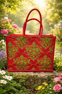 Bolso Tote de Yute Royal Vine, Color Verde Escarlata, Diseño Damasco Clásico Floral Majesty, Estilo Vintage de Jardín, con Cierre de Cremallera - Product Image 2