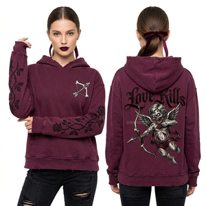 Sweat à capuche personnalisé délavé à l'acide, style vintage oversize streetwear pour femme, en molleton épais avec motif squelette de chevalier - Product Image 2