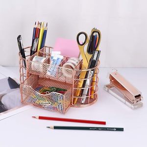 Organizador de Escritorio Metálico Color Oro Rosa, de Doble Nivel, con Malla, Diseño Minimalista - Product Image 1
