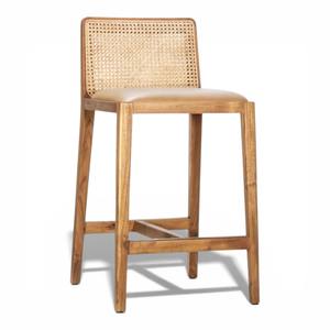 เก้าอี้บาร์ไม้สักแท้สไตล์โมเดิร์นกลางศตวรรษ พร้อมพนักพิงหวายธรรมชาติและเบาะหนังเทียม สำหรับเคาน์เตอร์ครัวและร้านกาแฟ - Product Image 2