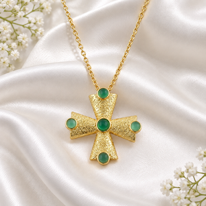 18k Gold Plated Texture Green Onyx Gemstone Round Shape Cross Women <b>Fashion</b> <b>Necklace</b> Wholesale Brass Minimalist Fancy Jewelry - Product Image 3
