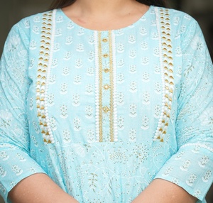 Women's <b>Plus</b> <b>Size</b> Cotton Anarkali Kurta Blue Floral Printed Embroidered Round Neck Three Quarter Sleeves Comfortable Wear - Product Image 3