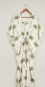 Caftán de Algodón con Estampado de Palmeras Hecho a Mano Estilo Bohemio, Vestido Holgado para Mujer, Ropa de Playa para el Verano - Product Image 5