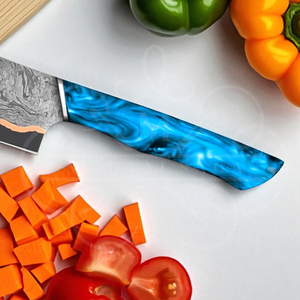 Couteau de cuisine artisanal en cuivre avec manche en bois et résine bleue |   Couteau de chef personnalisé avec étui en cuir - Product Image 4