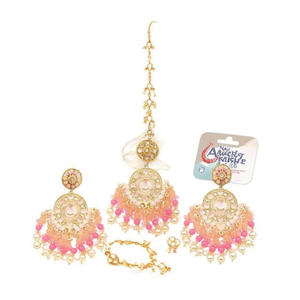Gold Plated Kundan Stone and <b>Beads</b> Meenakari Dangler Earrings with Maangtikka Fine Jewelry <b>Sets</b> - Product Image 2