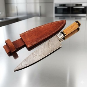 Couteau de chef artisanal forgé en acier Damas moderne, design ambidextre, lame de 8 pouces, épaisseur de 3,0 mm, manche en bois - Product Image 1