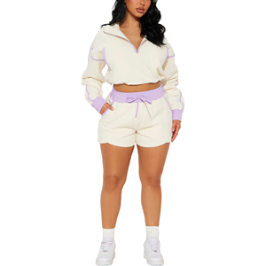 Women Plus Size ivory <b>Purple</b> Trim hoodie shorts Tracksuit Set quarter zipper Crop Top Shorts Casual Loose Fit Spring Outfit - Product Image 1