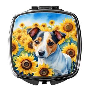Women and Girls' <b>Compact</b> Travel Makeup <b>Mirror</b> Jack Russell Terrier Sunflowers Decorative Pocket Folding Handheld Gift - Product Image 1