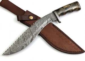 Cuchillo utilitario de hoja fija de acero de Damasco con patrón de plumas hecho a mano, punta caída, funda de cuero, herramienta DIY OEM - Product Image 5