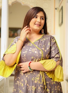 Angrakha Kurti Anarkali en rayonne à motif floral pour femme, grande taille, manches cloche, coupe évasée, tenue décontractée ou de soirée, couleur gris - Product Image 5