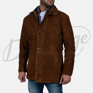 Veste en daim marron classique pour homme avec capuche, manteau long décontracté et chaud doublé polaire pour l'hiver, vêtement d'extérieur élégant en daim - Product Image 1