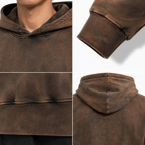 Sweat à capuche marron délavé vintage 450 g/m² pour homme, style workwear vieilli avec patch en cuir véritable, personnalisable OEM Sialkot - Product Image 4