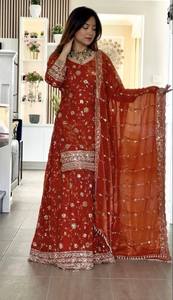 Readymade Traditional Ethnic Orange Silk <b>Top</b>-Sharara Dupatta Set Embroidery <b>Sequins</b> Work Fully Stitched Diwali <b>Party</b> Wear - Product Image 2