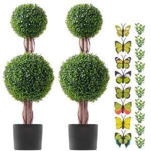 Arbre artificiel en buis de 36 pouces de haut, double boule, plante artificielle avec feuilles supplémentaires, pot, ensemble de 2 pièces - Product Image 3