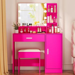 Ensemble de coiffeuse en MDF rose avec placage mélaminé, 1 tiroir, 1 porte, ampoule à trois couleurs - Product Image 1
