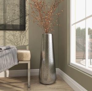 Hammered Silver Metal Tabletop <b>Vase</b>-Tall <b>Standing</b> Conical Art Deco Design Eco-Friendly Handmade Decorative Urn for Modern Living - Product Image 2