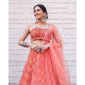 Ensemble Lehenga Choli en Chiffon Pur Rose Pêche à Motifs Floraux avec Dupatta, Impression Numérique, Taille XS, Idéal pour les Mariages - Product Image 5