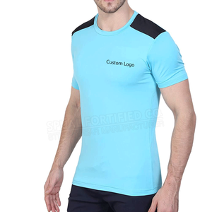 T-shirt de sport pour homme bleu clair à manches courtes, col rond, coupe ajustée, en polyester tricoté, séchage rapide, logo personnalisé imprimé sur le devant - Product Image 3