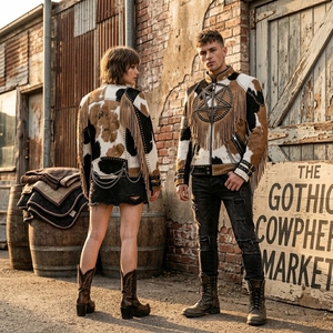 Chaqueta de cuero vacuno con flecos tricolor, estilo gótico, rockero, western, con pentagrama de cuentas, punk, oculto, heavy metal, proveedor personalizado - Product Image 5