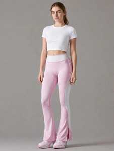 Leggings de yoga évasés taille haute pour femme, color block rose et blanc, avec coutures contrastées et bande latérale - Product Image 1