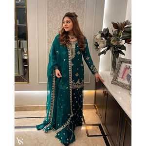 Ensemble de vêtements de soirée pour femmes de créateur avec haut brodé, sarara, dupatta, travail de séquence - Product Image 3