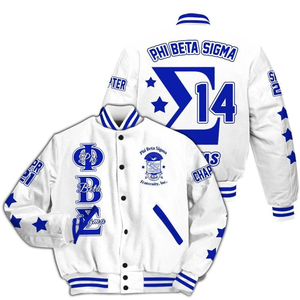เสื้อแจ็คเก็ต Phi Beta Sigma สำหรับผู้ชาย สีขาว ปักตัวอักษรสีน้ำเงิน สไตล์ Preppy ปกคอพับ ทรงปกติ เหมาะสำหรับใส่ในฤดูหนาว - Product Image 1