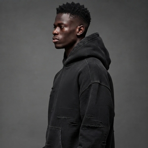 เสื้อฮู้ดดี้ผู้ชายสไตล์วินเทจแบบดิสเทรส ผ้าฟอกทรงหลวมใส่สบาย - Product Image 4