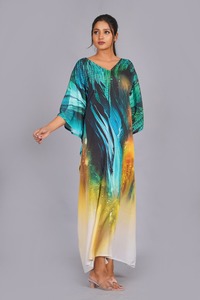 Woven Abstract Print V-neck Backless Natural Waistline <b>Kaftan</b> <b>Maxi</b> Dress Loose Fit Batwing Sleeves Lightweight Beachwear - Product Image 3