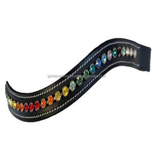 Cristales redondos multicolores Diamante Mega Bling con incrustaciones de cuero de canal vacío Banda para la frente de caballo en cuero genuino negro o marrón - Product Image 2