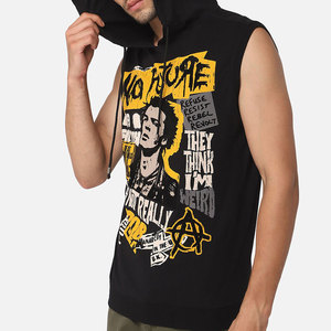 Sweat-shirt à capuche sans manches pour homme, noir, style punk, logo imprimé sur le devant, coupe classique, en coton tricoté, pour le printemps - Product Image 3