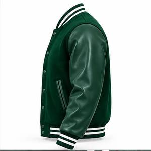 Veste universitaire verte pour homme, manches en cuir PU, décontractée, col rabattu, coupe classique, simple boutonnage, couleur unie, pour l'automne - Product Image 6