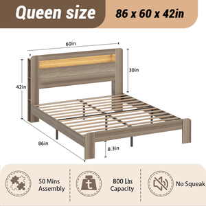 Queen Size Wood Platform Bed Frame with LED Light Headboard & Storage 2 USB Noise Free No Box Spring Needed - Product Image 2