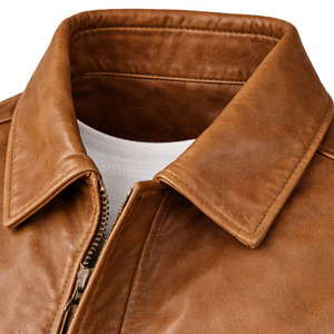 Chaqueta de Cuero Vacuno Genuino de Primera Calidad para Hombre, Estilo Bomber, para Motocicleta, Color Marrón, con Logotipo Frontal en Tela de Lona, para Invierno - Product Image 3