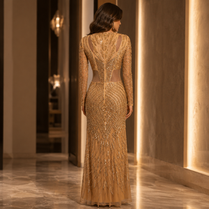 Vestido de Noche de Lujo con Cuentas Doradas Champán para Mujer, Elegante Vestido Largo Formal con Cuello en V, Manga Larga, para Fiesta, Cóctel o Graduación - Product Image 4
