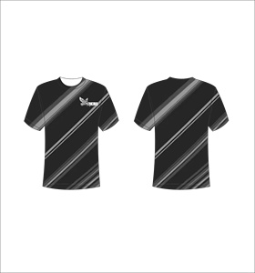 Camiseta Deportiva Ligera de Manga Corta Sublimada Personalizada con Diseño de Rayas Diagonales Abstractas en Negro y Gris - Product Image 1