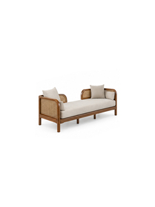 Canapé d'extérieur moderne en bois avec coussins beiges, trois places, design mid-century, mobilier de jardin, durable, résistant aux UV, structure en rotin - Product Image 5