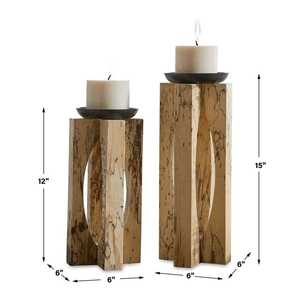 Juego de Portavelas de Madera Rústica con Diseño Geométrico Hecho a Mano con Bandeja de Metal para Decoración de Hogar de Lujo, Alta Calidad - Product Image 4
