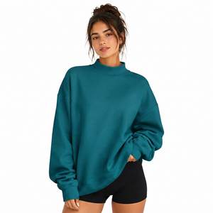 Women's Oversized Mockneck Sweatshirt Solid Color Cotton Knitted Long Sleeve Autumn Wear <b>Stand</b> Collar <b>Drop</b> Shoulder Design - Product Image 1