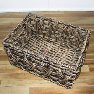 Handmade Rustic Eco Friendly Water Hyacinth Woven <b>Storage</b> Basket Set Shelf <b>Bin</b> <b>Wooden</b> Handles - Product Image 5