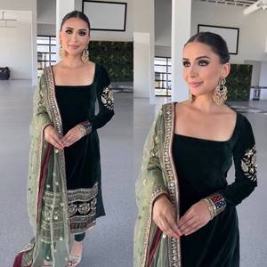Indian Pakistani Traditional Women's Pure Velvet Patiyala Kurta Set Embroidered Sleeves Cotton Inner Stitched Pant Butterfly Net - Product Image 2