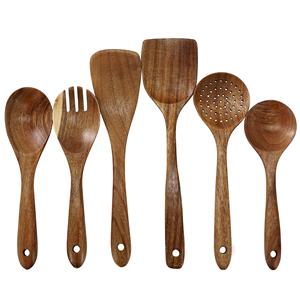 Ensemble d'ustensiles de cuisine en bois d'acacia avec logo personnalisé, 6 pièces, cuillères et spatules en bois, outils de cuisine naturels, vente en gros OEM - Product Image 1