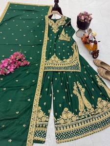 Heavy Embroidered Chinon Silk Kurti Sharara Dupatta Set Wedding <b>Festival</b> Traditional Indian Wear Export Collection - Product Image 3